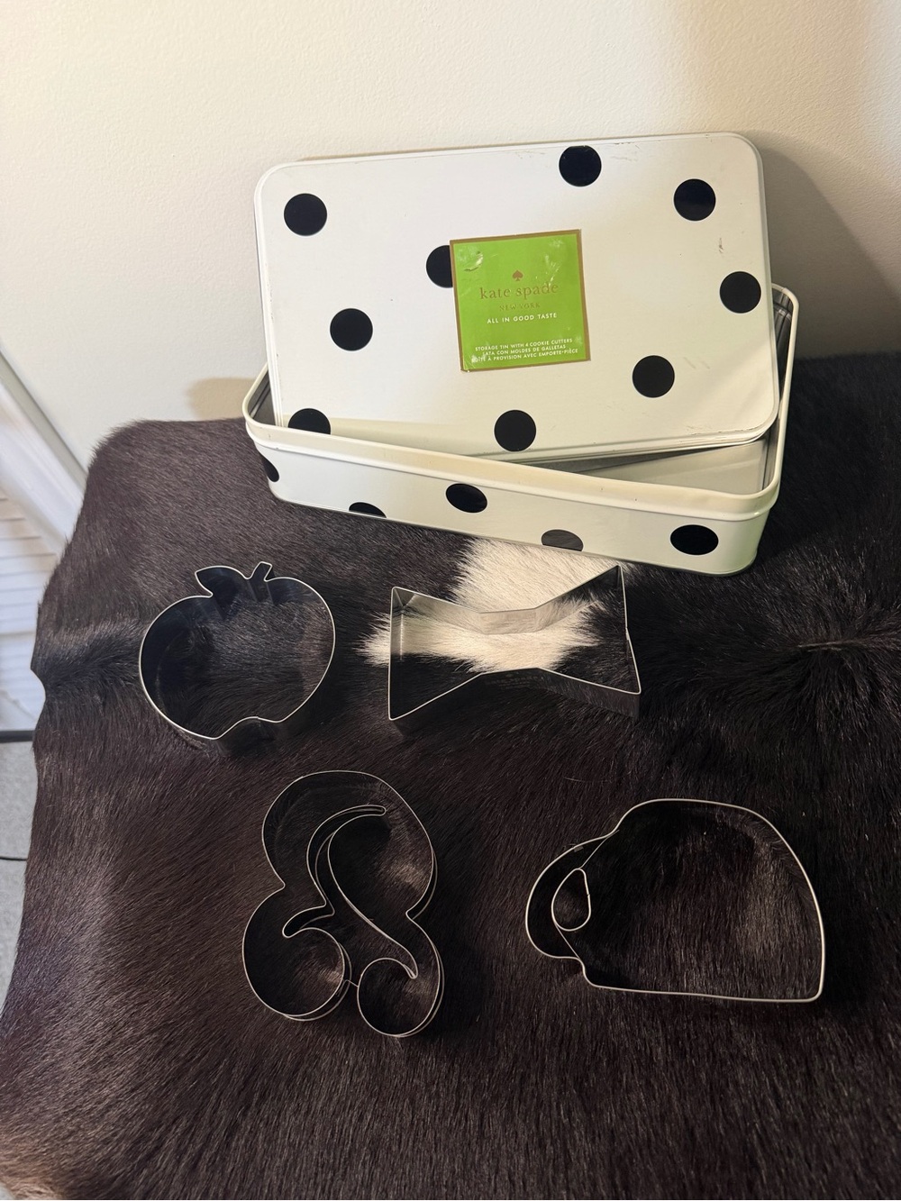 kate spade White and Black Polka Dot Tin Storage Box with Cookie Cutter Set